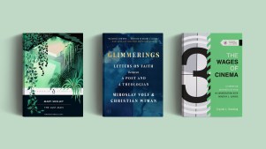 Three books on a green background.