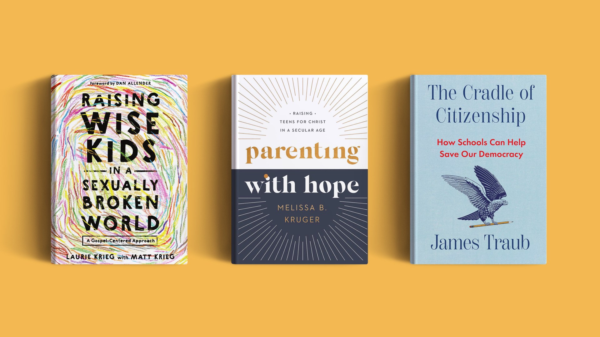 Three books on a yellow background.