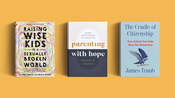 Three books on a yellow background.