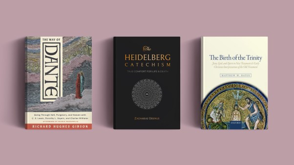 Three books on a pink background.