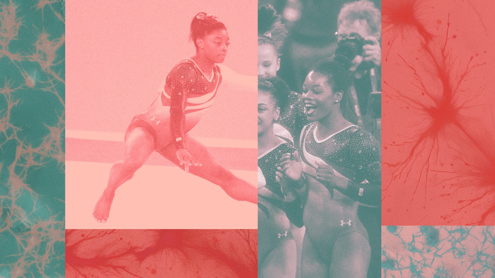 A collage of images from the Olympics and neurons to represent pain.