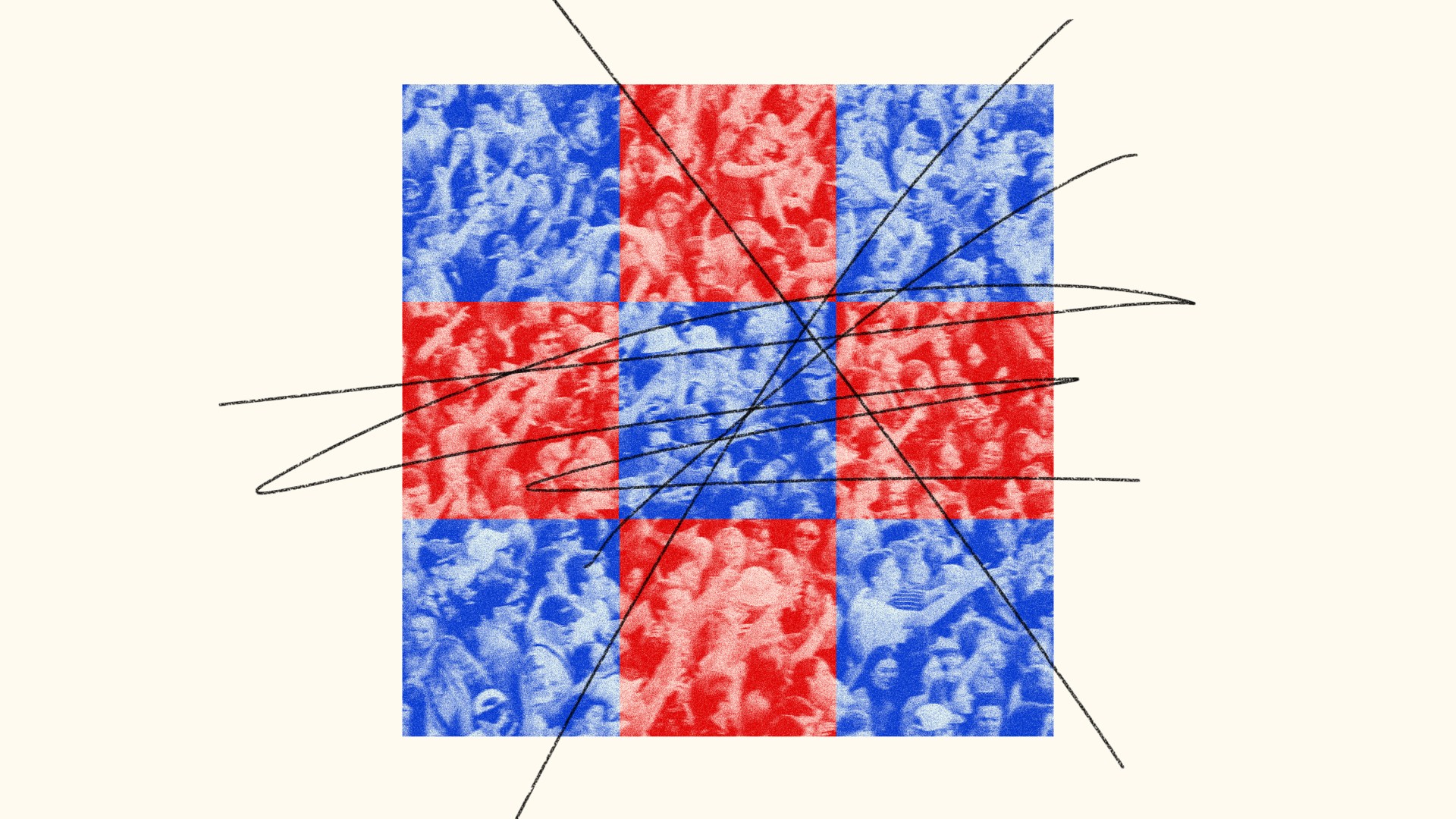 An Instagram grid of people in blue and red squares.