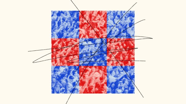 An Instagram grid of people in blue and red squares.