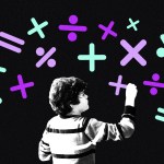 A child writing math symbols.