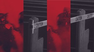 An image of ICE agents and an image of an empty church.