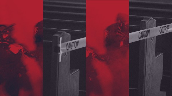 An image of ICE agents and an image of an empty church.