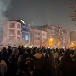 Iranian protesters gathering on Enghelab (Revolution) Street during a demonstration in Tehran, Iran, on January 8, 2026.