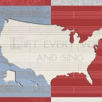A collage of the United States, sheet music, and a hymn.