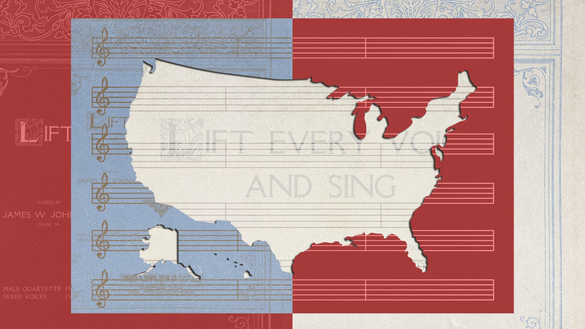 A collage of the United States, sheet music, and a hymn.