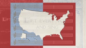 A collage of the United States, sheet music, and a hymn.