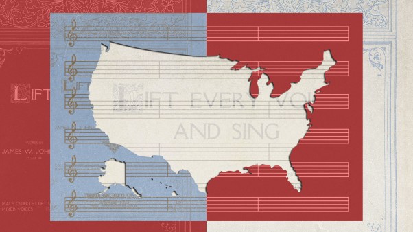 A collage of the United States, sheet music, and a hymn.