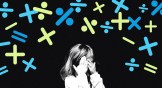 A sad child with several math symbols