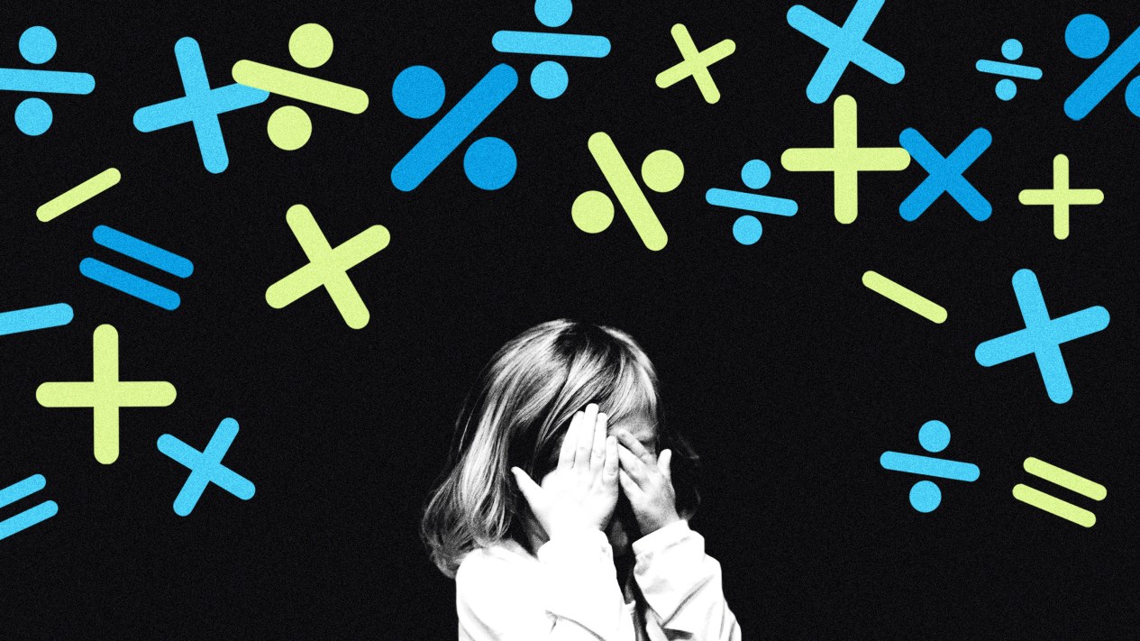 A sad child with several math symbols