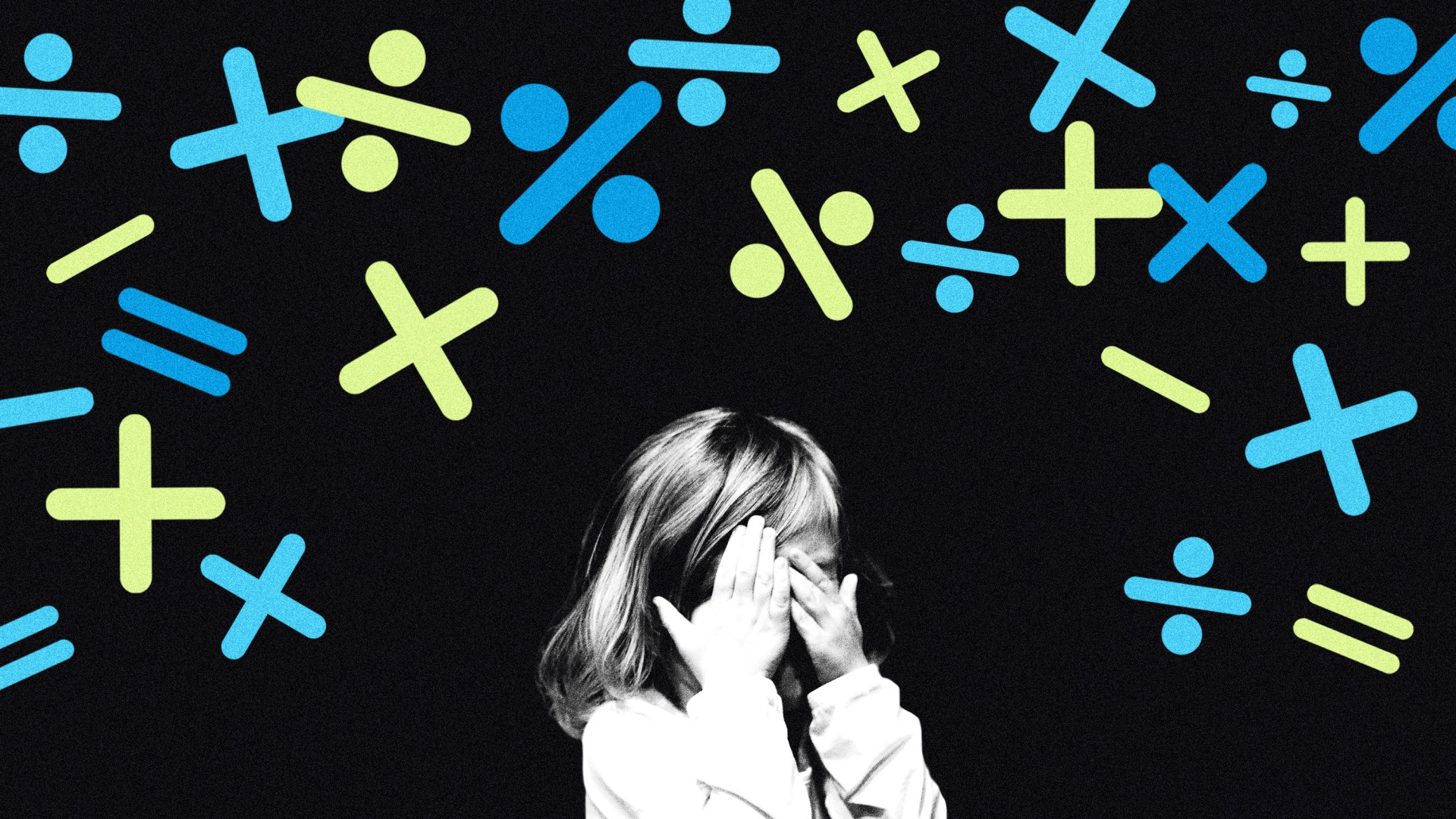 A sad child with several math symbols