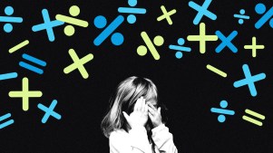 A sad child with several math symbols