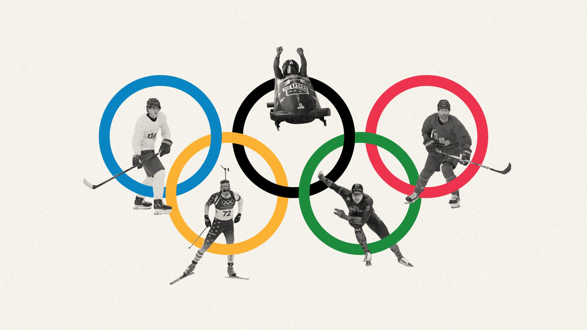 The Olympic rings and five athletes.
