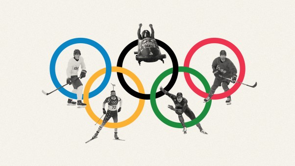 The Olympic rings and five athletes.
