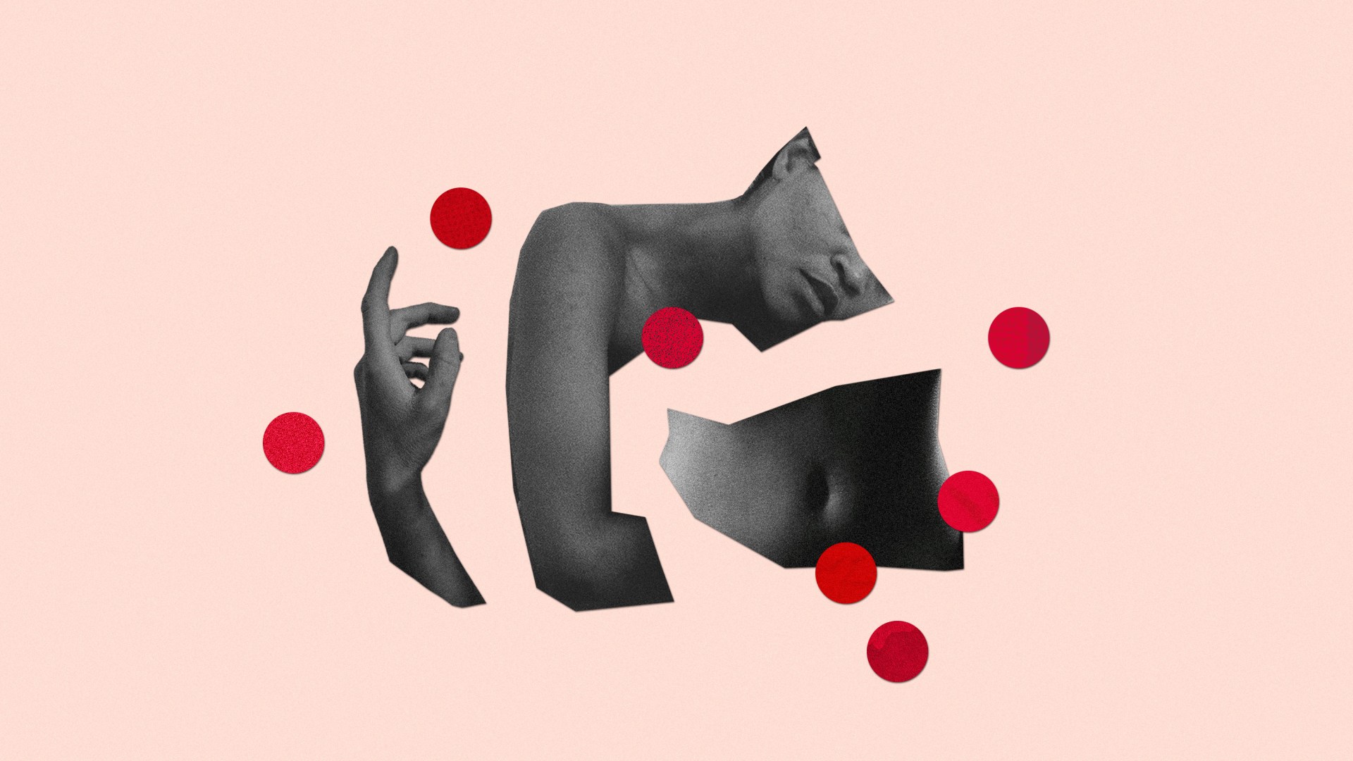 A woman's head and stomach and several red dots.