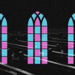 Church pews and pink and blue church windows.