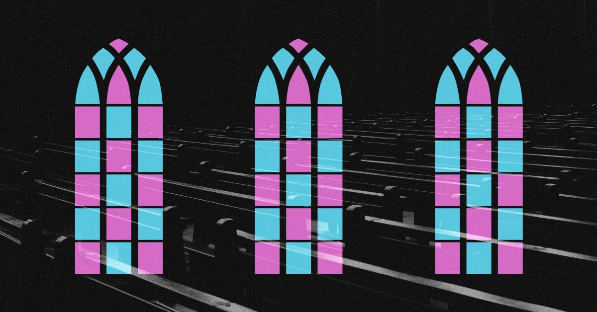 Church pews and pink and blue church windows.