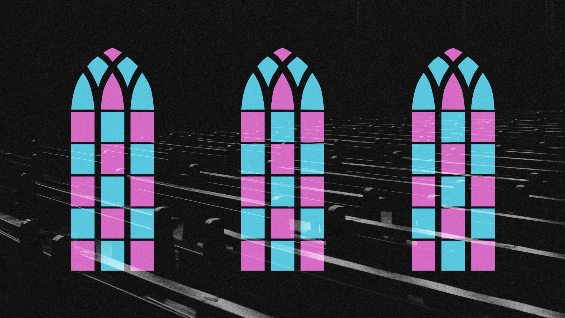 Church pews and pink and blue church windows.