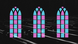Church pews and pink and blue church windows.