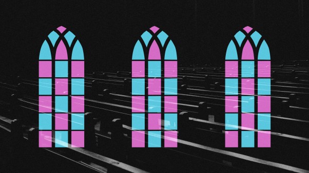 Church pews and pink and blue church windows.