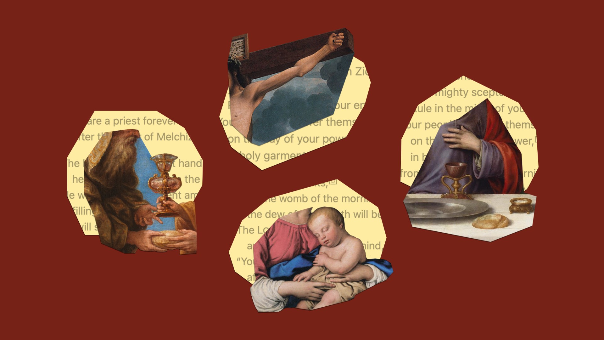 Fragments of Psalm 110 with paintings from the Bible.