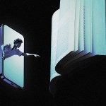 A young man in a phone reaching for a book.