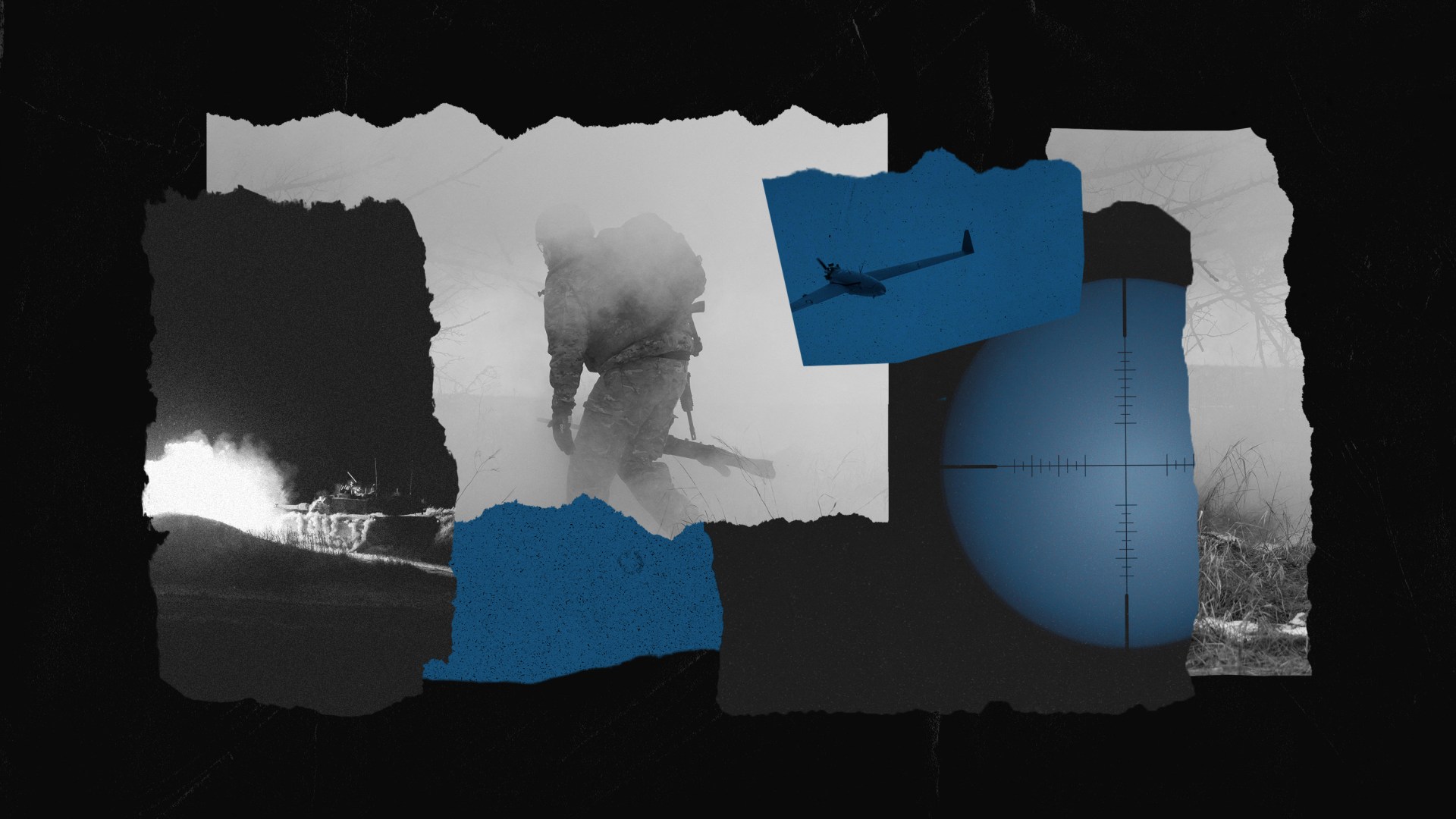 A collage of images showing a Ukrainian soldier, a drone, and an explosion.