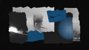 A collage of images showing a Ukrainian soldier, a drone, and an explosion.