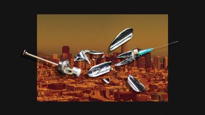 A broken syringe on top of a photo of San Francisco.