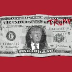 A dollar bill with Trump's name and photo on it.