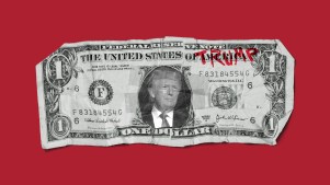 A dollar bill with Trump's name and photo on it.