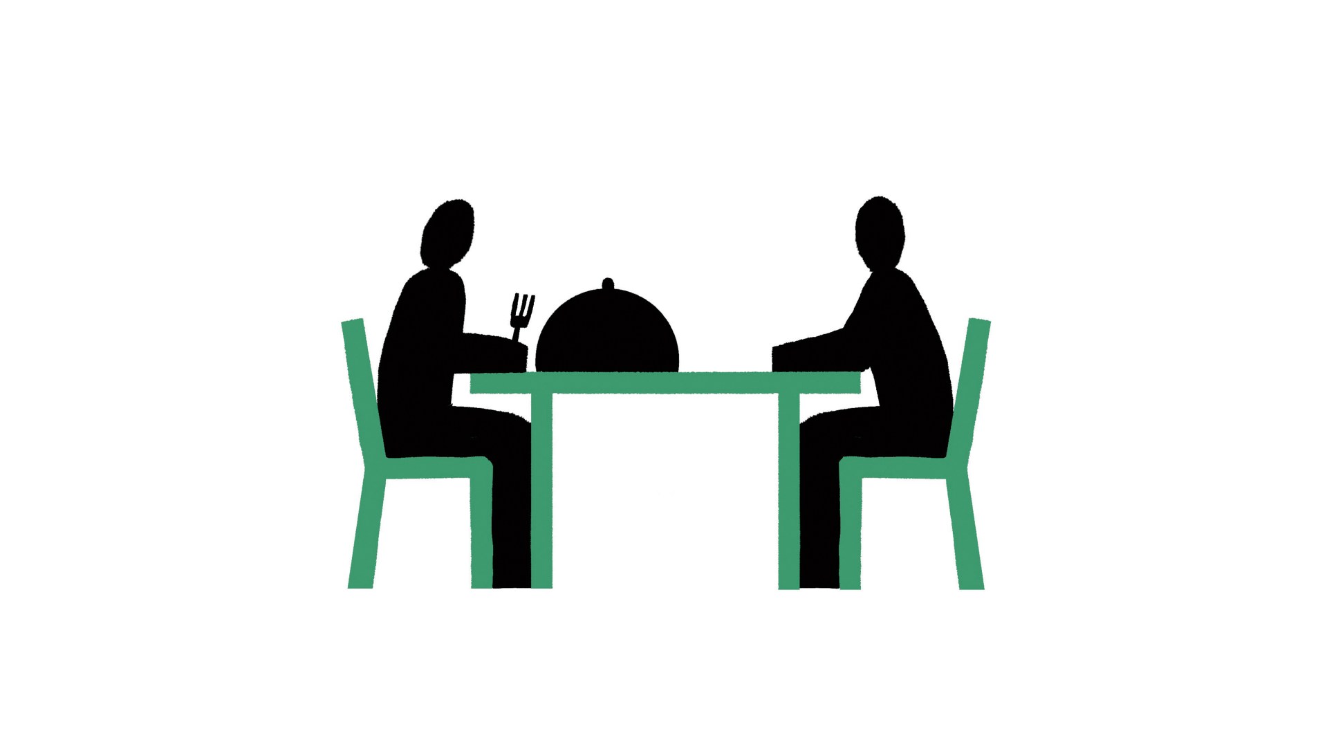 Illustration of two silhouetted people sitting at a table with a covered dish between them.