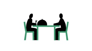 Illustration of two silhouetted people sitting at a table with a covered dish between them.