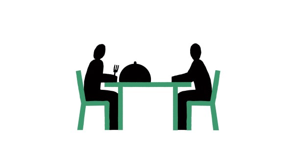 Illustration of two silhouetted people sitting at a table with a covered dish between them.