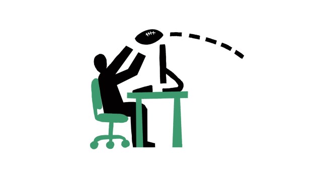 Illustration of a person sitting at a desk throwing an American football.
