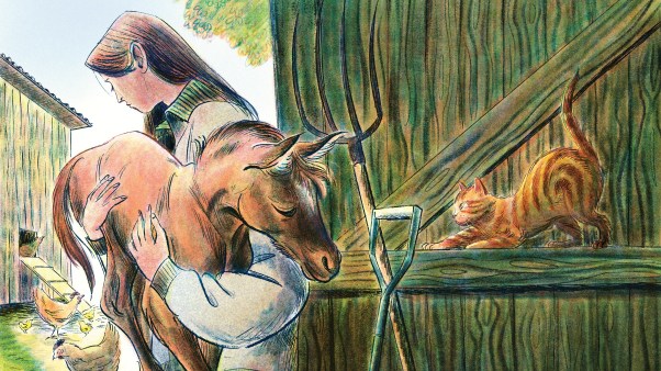 Person hugging a small horse in a barn while a cat stretches on a wooden railing nearby.