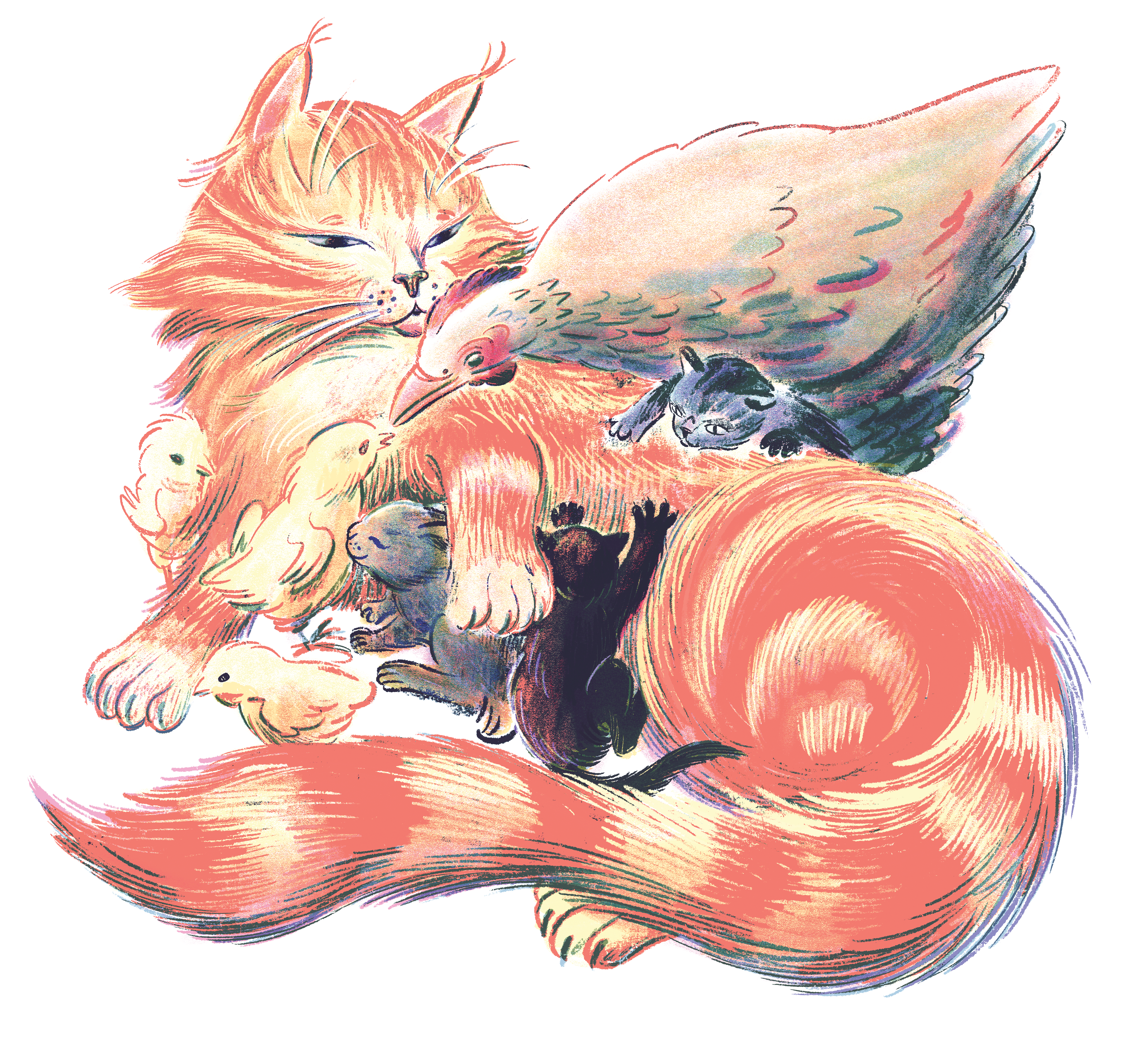 Illustration of a large cat surrounded by chicks, a bird, and baby cats.