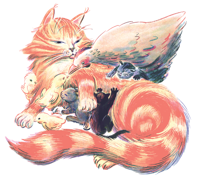 Illustration of a large cat surrounded by chicks, a bird, and baby cats.