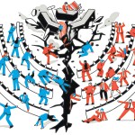 Illustration of politicians in congress, running and falling as a cracked divide splits the ground beneath them.