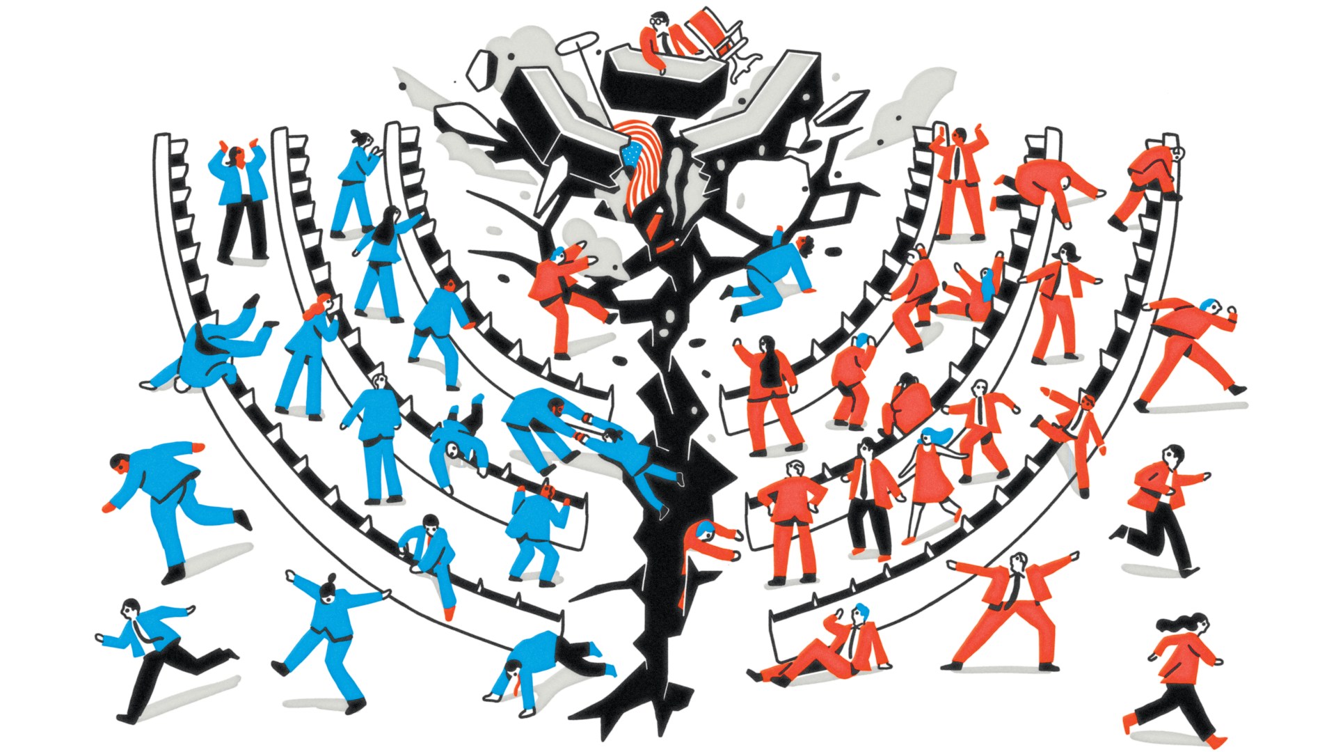 Illustration of politicians in congress, running and falling as a cracked divide splits the ground beneath them.