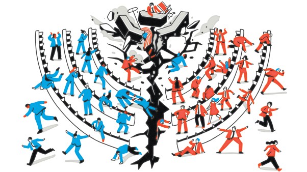 Illustration of politicians in congress, running and falling as a cracked divide splits the ground beneath them.