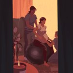 Pregnant woman sitting on a birthing ball while two caregivers support her during labor.