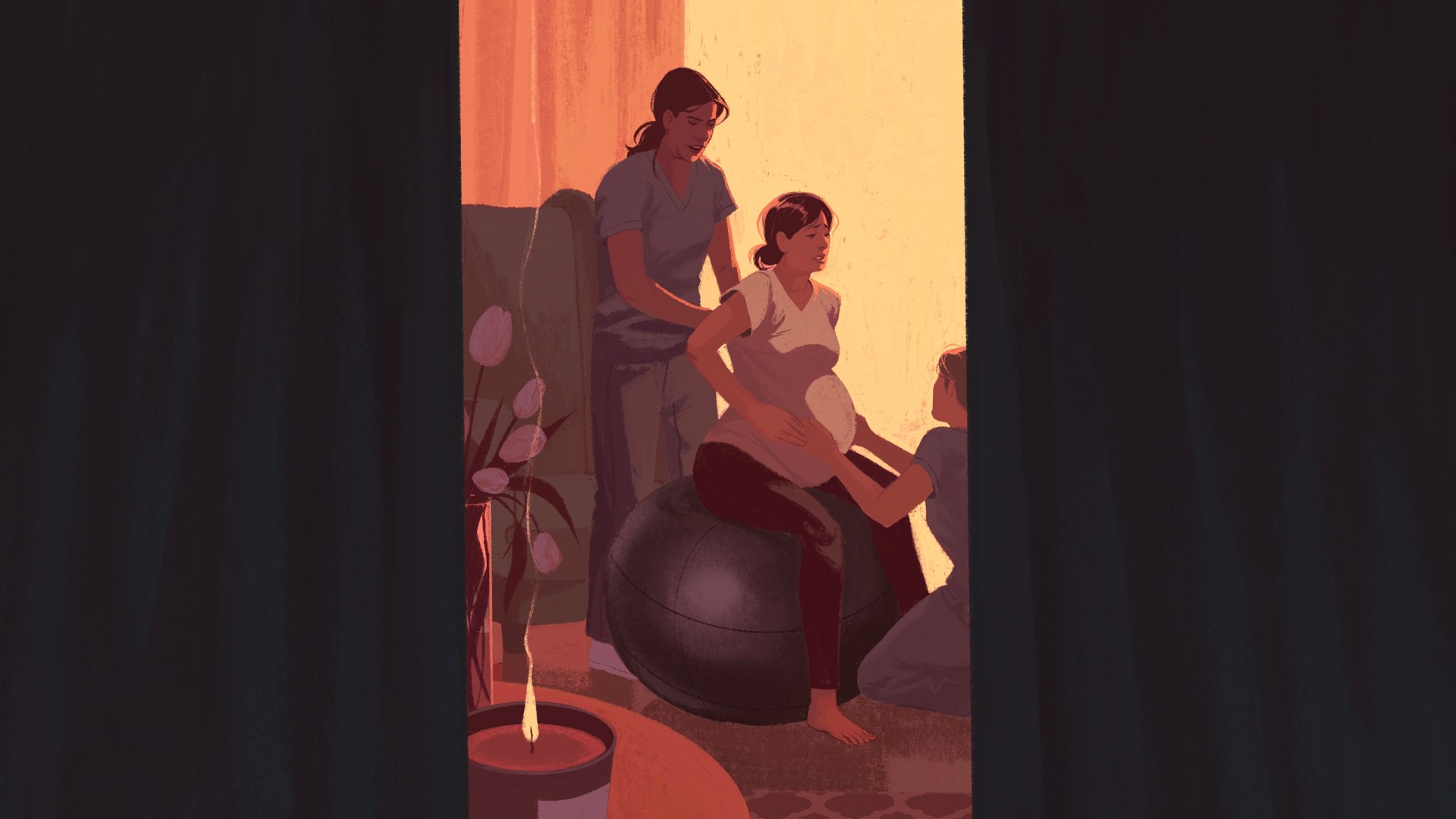 Pregnant woman sitting on a birthing ball while two caregivers support her during labor.