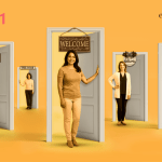 Women in doorways with welcome signs over them.