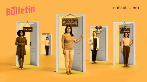 Women in doorways with welcome signs over them.