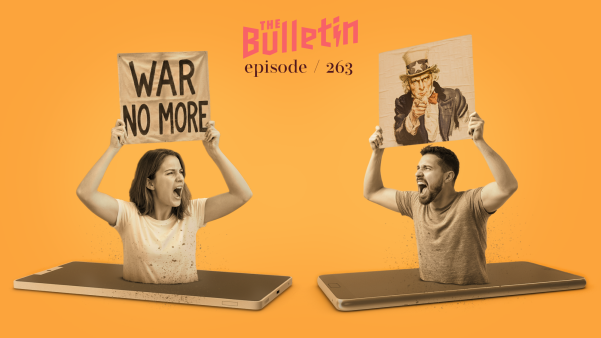 Two people holding signs, one that says "war no more" and the other a picture of Uncle Sam. The individuals are torsos emerging from their phones.