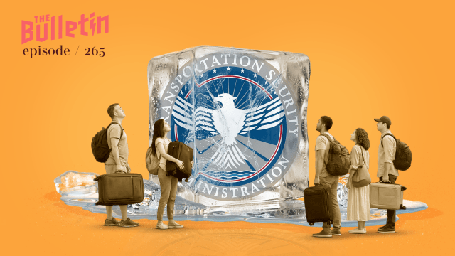 A Department of Homeland Security logo in ice, with people looking on.